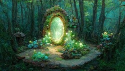 Fantasy Beautiful Landscape With Magic Portal In Mystic Fairy Tale Forest. Cartoon Style Fairy Door To The Parallel World Or Kingdom. 3D Illustration.
