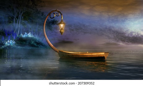 Fantasy boat on a misty lake