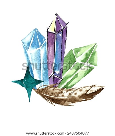 Fantasy botanical illustration. A composition of three long sharp crystals of blue shades, a bird feather and an emerald star. Hand drawn watercolor illustration.