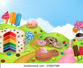 Fantasy candyland with dessrts and sweets