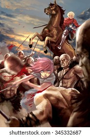 Fantasy cartoon illustration of a female warrior girl and a male knight fighting Orc army monster in the battle field of an epic medieval fairy tale war fiction with bloody evening sunset

