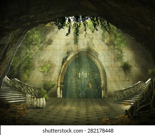  fantasy cave with a ruined castle inside, marble staircase and a painting