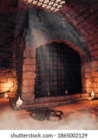 Fantasy Cell With Chains And Skull Candles In A Medieval Dungeon At Night. 3D Illustration.