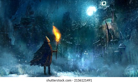 A fantasy character in a hooded raincoat with a burning torch, stands at the creepy open gate to an ominous snow-covered city with Gothic ruins of a cathedral, there is a strong blizzard around 2d art