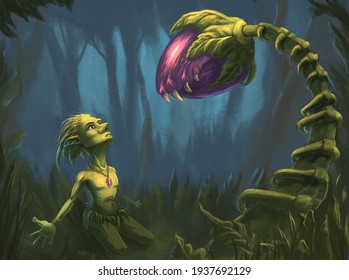 Fantasy character and huge flower