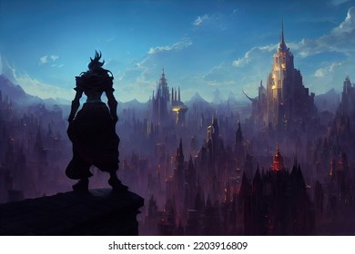 Fantasy character looking over a fantastic medieval city landscape. Magician, warrior, adventurer looking over a magic world. Digital fantasy artwork.