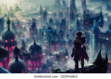Fantasy character looking over a fantastic medieval city landscape. Magician, warrior, adventurer looking over a magic world. Digital fantasy artwork.