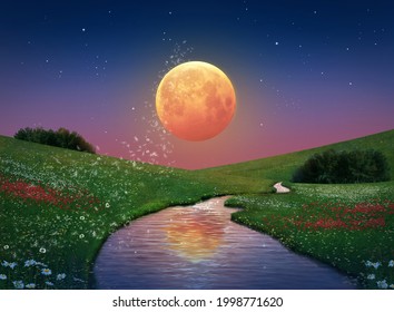 Fantasy cherry moon over the field at sunset. 3D rendering. Illustration