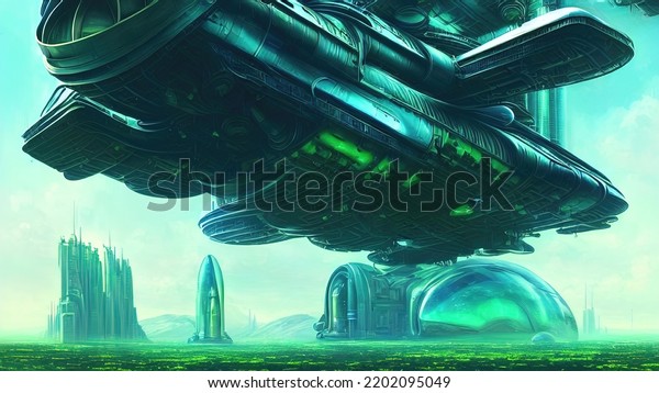 Fantasy City spaceship base, legendary
spaceship on a planet in space. Neon lights illuminate the city of
the future, science fiction. 3d
illustration