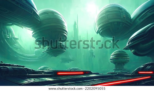 Fantasy City spaceship base, legendary\
spaceship on a planet in space. Neon lights illuminate the city of\
the future, science fiction. 3d\
illustration