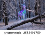  A fantasy concept: magical shiny deer in the evening forest, inspired by the tale of the silver hoof