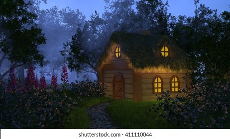 Fantasy Cottage House With A Dry Grass Roof And Glowing Windows In The Middle Of A Mysterious Dark Forest. Trees In The Fog. Flowers Growing In Front Of The House. Magic Forest. 3D Illustration.