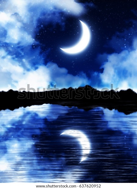 Fantasy Crescent Moon On Blue Starry Stock Illustration 637620952 ...