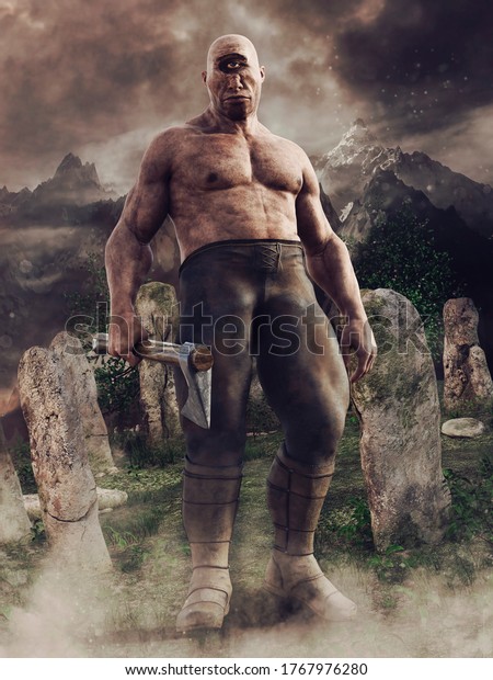 Fantasy cyclops with one eye\
standing with an axe among the circle of stones. 3D\
illustration.
