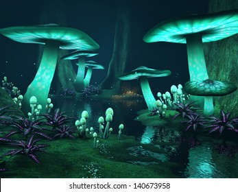 Fantasy Dark Forest With Green Glowing Mushrooms