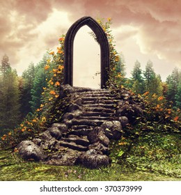 Fantasy Door And Stairs On A Flowering Meadow Near A Forest