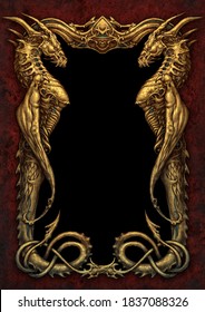 Fantasy Dragon Golden Frame - Digital Illustration