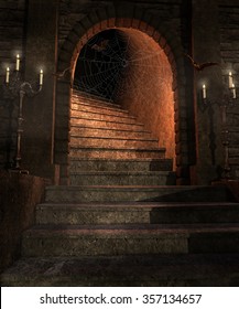 Fantasy Dungeon With Stairs, Candelabras And Bats