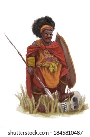 Fantasy Dwarf Woman In Maasai Costume With Shield And Spear