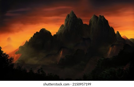 Fantasy Epic Magical Mountain Landscape. Mystic Valley. Artistic Oil Painting. Artwork Sketch. Gaming Background. Book Cover, Poster. Oil Painting. Celtic Medieval Summer Nature	