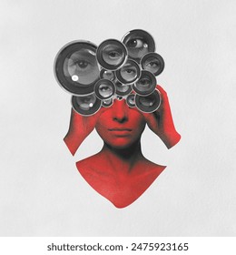 Fantasy, exploration concept. Conceptual art piece blending a woman's face with multiple camera lenses or binoculars. Model face and hands toned with red color. Grunge and noise effect applied - Powered by Shutterstock