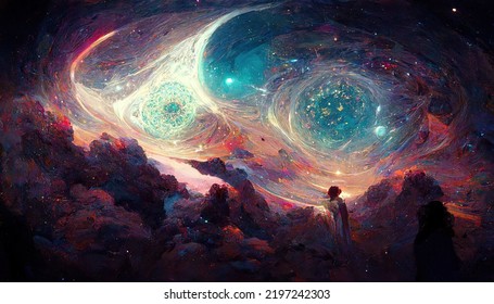 Fantasy Fairy Tail Abstract Wallpaper With Galaxy Space Universe Illustration In Background With Stars, Planets And Colorful Blue, Pink, Red, Orange, Teal, Turquoise Clouds And Sky With Milky Way