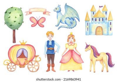 Fantasy Fairy Tale Clipart With Characters Princess, Prince, Dragon, Castle. Watercolor Illustrations Isolated On White Background