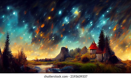 Fantasy fairy tale hand drawn picture book  Beautiful starry night and colorful sky   dreamy landscape  Forest by the river drawing  Background for adventure children stories  3D  3D Illustration
