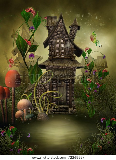 Fantasy Fairy Village Flowers Mushrooms Stock Illustration 72268837