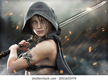 Fantasy Female Hooded Warrior Ranger Stands Ready To Strike With Her Glimmering Two Handed Sword On The Battlefield With Embers Falling Around Her. 3d Rendering