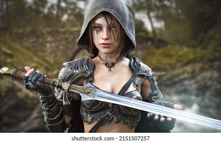 Fantasy female hooded warrior ranger stands before you with her glimmering two handed sword  3d rendering