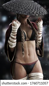 Fantasy female warrior dressed in a sexy cloak outfit with hand and leg wraps and coolie hat with brown pigtails hairstyle.3d rendering