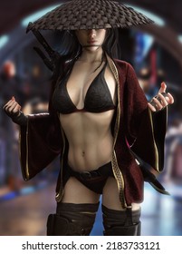 Fantasy Female Warrior Dressed In A Sexy Cloak Outfit With Hand And Leg Wraps ,coolie Hat And Black Hair.3d Rendering
