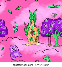 A Fantasy Fish House On Clouds With A Tree And Cat Playing With Fish. A Fancy Dream Seamless Pattern For Children's Design In Neon Pink Green And Orange Colors