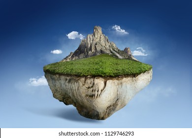 Fantasy Floating Island With Mountain Isolated On Blue Sky Cloud, Surreal Flying Island With Green Natural Grass 3D Illustration