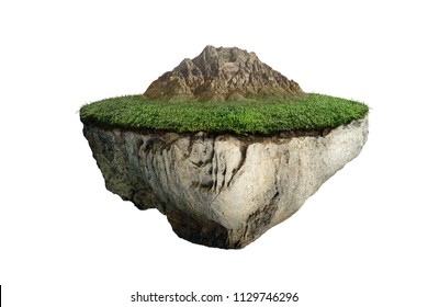 Fantasy Floating Island With Mountain Isolated On White Background, Surreal Flying Island With Green Natural Grass 3D Illustration