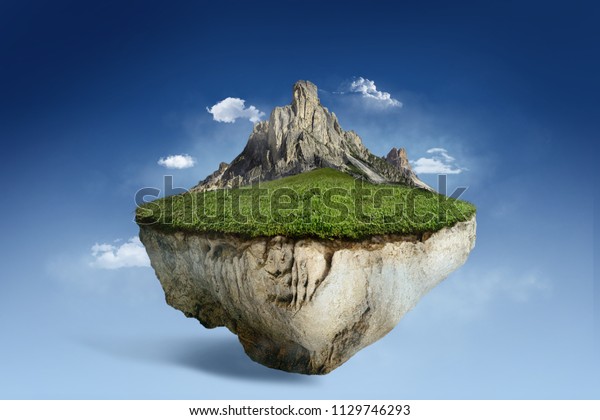 青い空の雲の上に空に浮かぶ空の島と山 緑の自然の草のある超現実の飛翔島3dイラスト のイラスト素材