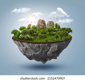 fantasy floating island and mountains  trees    animals green grass isolated and clouds  3d illustration flying land and beautiful land scape 