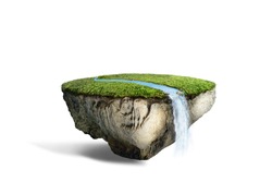 Fantasy Floating Island With River Stream On Green Grass Isolated On White, Surreal Float Landscape With Waterfall Paradise Concept 3d Illustration