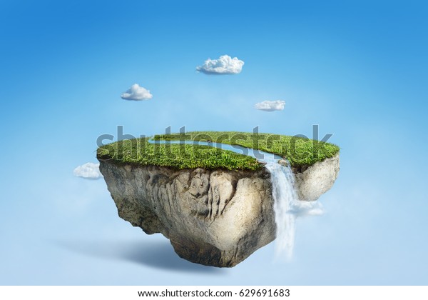 緑の草に川の流れを持つ空想の浮き島 青い空の雲に滝の楽園のコンセプトを持つ超現実の浮き山 3dイラスト のイラスト素材