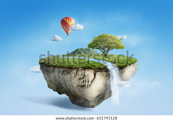 緑の草の上に風船と川の流れを持つ空想の浮島 青い空の雲の上に滝の楽園コンセプトを持つ超現実の浮遊風景 3dイラスト のイラスト素材 631743128