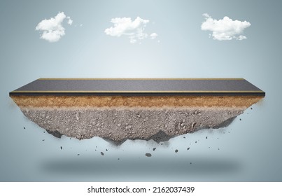 Fantasy floating road with soil surface isolated on background, flying asphalt road with sand ground 3D illustration.
