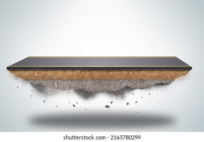 Fantasy Floating Road With Soil Surface Isolated On Background, Flying Asphalt Road With Sand Ground 3D Illustration.