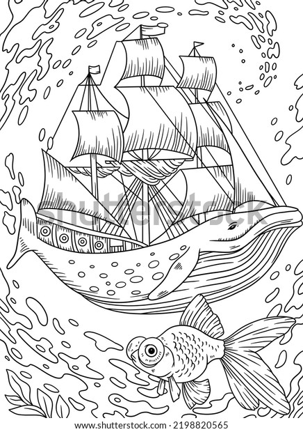 Fantasy Floating Whale Coloring Page Stock Illustration 2198820565 ...