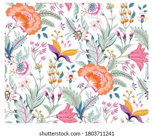 Fantasy floral seamless pattern in Jacobean embroidery style, vintage, old, retro style. 