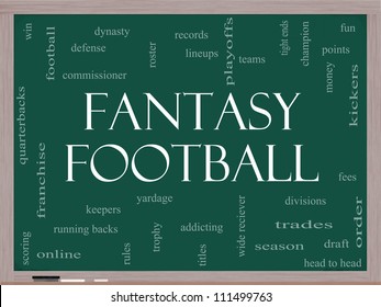 Fantasy Football Word Cloud Concept On A Blackboard With Great Terms Such As Draft, Running Back, Money, Fees, Defense, Teams And More.