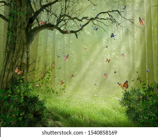 Fantasy forest with colorful butterflies flying among the rays of light. Photomanipulation. 3D rendering