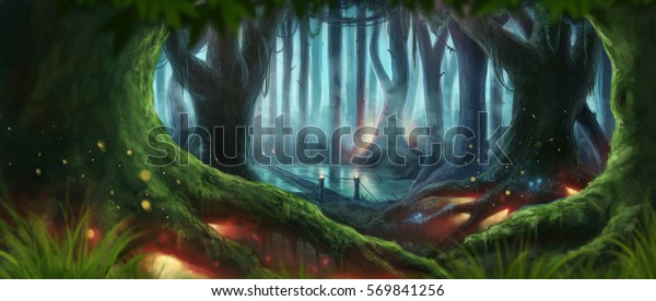 幻想的な森の魔法の暗い夜の神秘的なイラストの背景 のイラスト素材