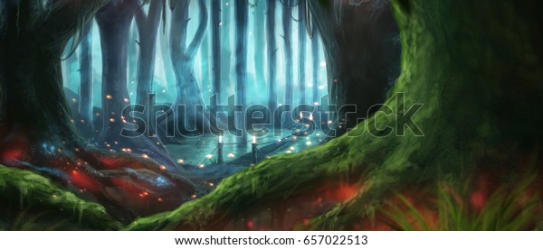 幻想的な森の魔法の暗い夜の神秘的なイラストの背景 のイラスト素材