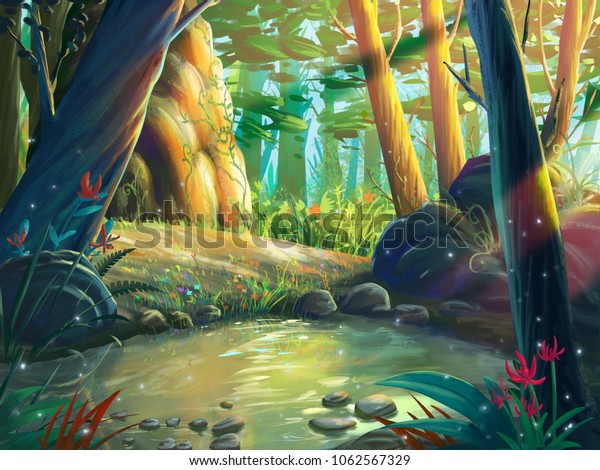 川岸沿いのファンタジー フォレストが 幻想的 現実的 未来的なスタイルで森 を守っている ビデオゲームのデジタルcgアートワーク コンセプトイラスト リアルな漫画スタイルのシーンデザイン のイラスト素材